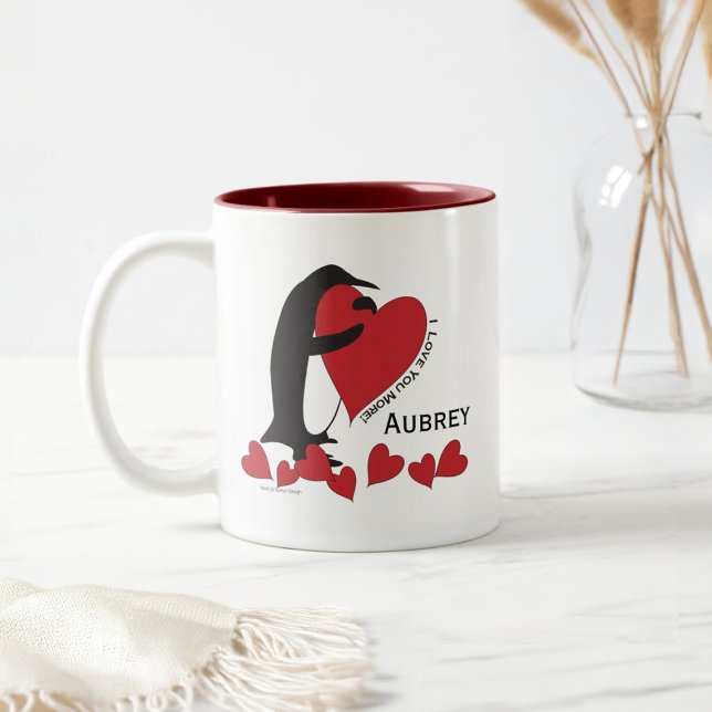 Personalised Name Cute Funny Penguin and Red Heart Two-Tone Coffee Mug (Creator Uploaded)