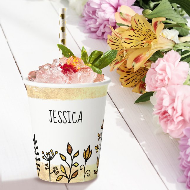 Personalised Name Cute Gold White & Black Floral Paper Cups (Creator Uploaded)