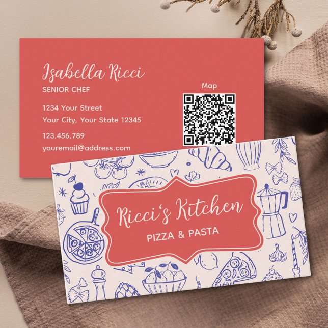 Personalised Name Cute Hand Drawn Food QR Code Business Card (Front and Back)