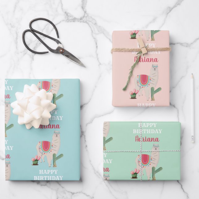 Personalised Name Cute Llama Cactus Birthday Wrapping Paper Sheet (Front)