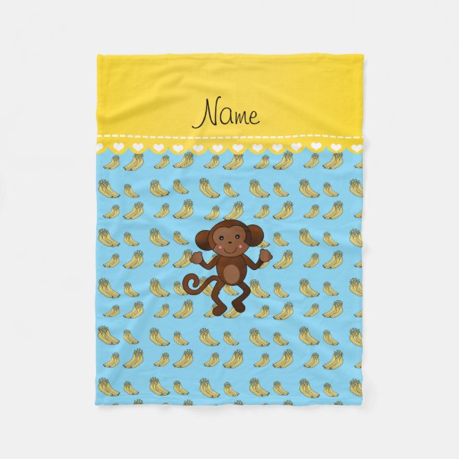 Personalised name cute monkey blue yellow bananas fleece blanket (Front)