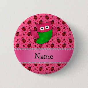 Personalised name cute owl pink ladybugs 6 cm round badge