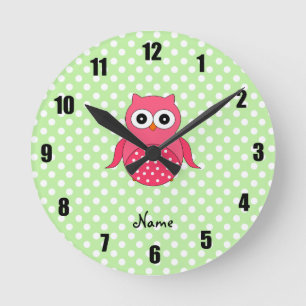 Personalised name cute pink owl round clock