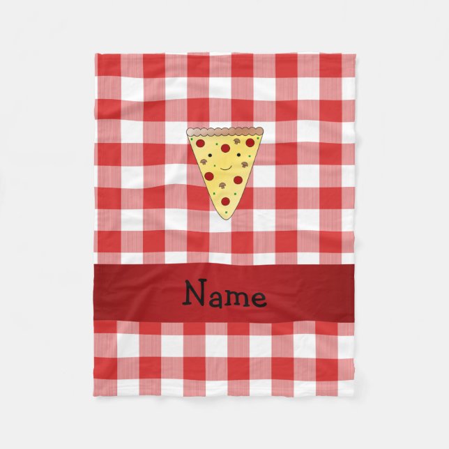 Personalised name cute pizza red chequered fleece blanket (Front)