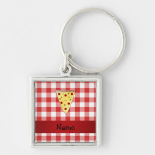 Personalised name cute pizza red chequered key ring