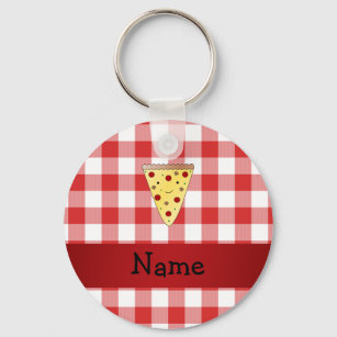 Personalised name cute pizza red chequered key ring