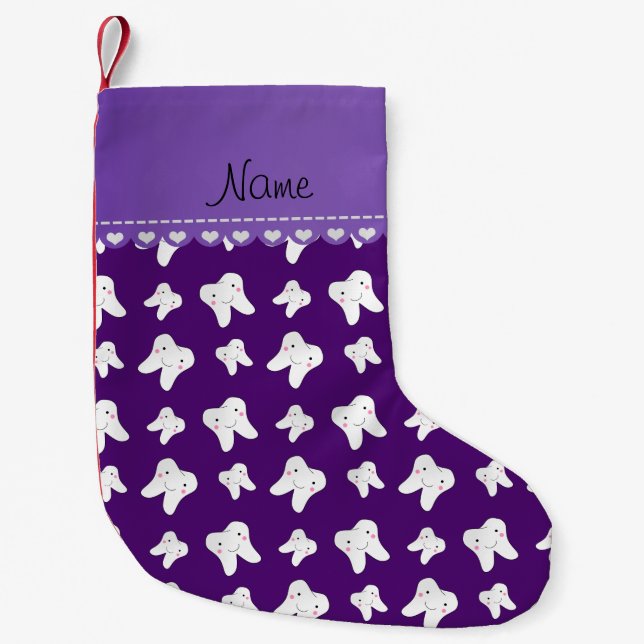 Personalised name cute purple tooth pattern small christmas stocking (Front)