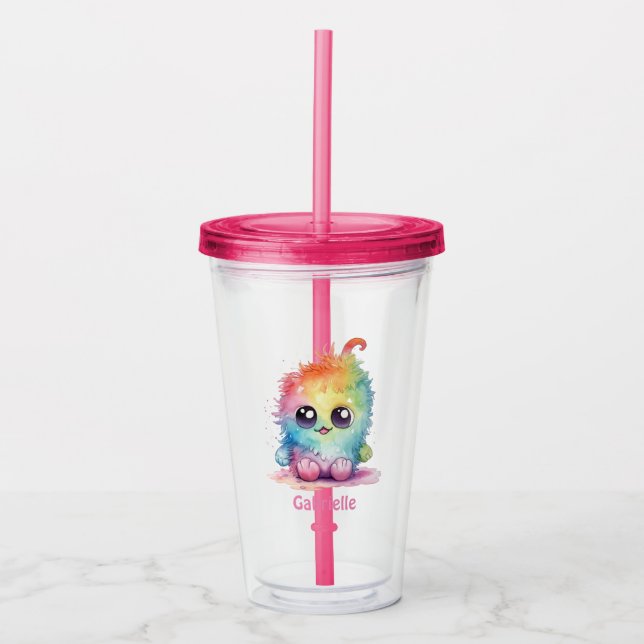 Personalised Name Cute Rainbow Colour Monster  Acrylic Tumbler (Front)