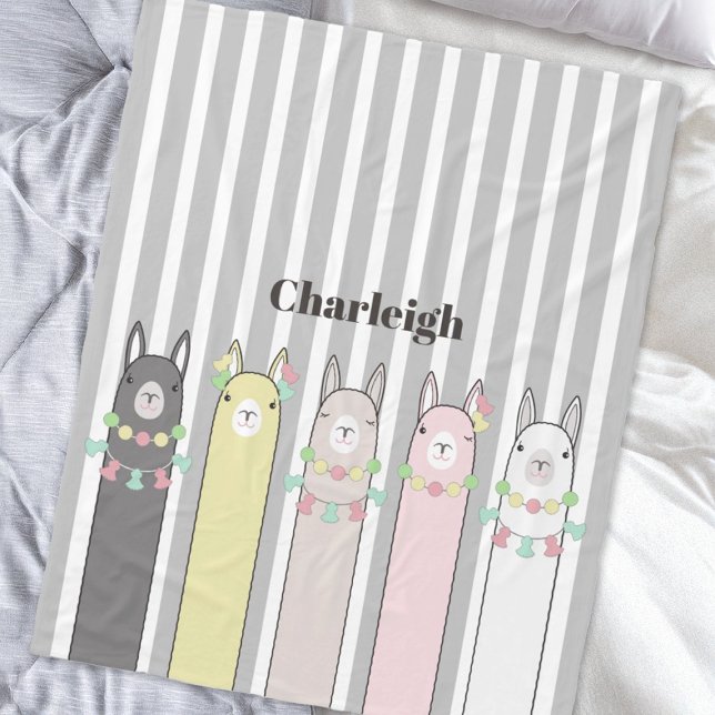 Personalised Name Cute Retro Colourful Llamas Kids Fleece Blanket (Creator Uploaded)