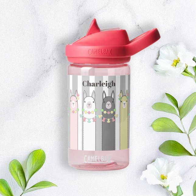 Personalised Name Cute Retro Colourful Llamas Kids Water Bottle (Creator Uploaded)