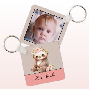 Personalised name cute sloth 1 photo green key ring