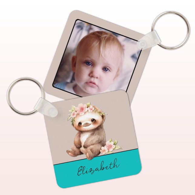 Personalised name cute sloth 1 photo turquoise key ring (Creator Uploaded)