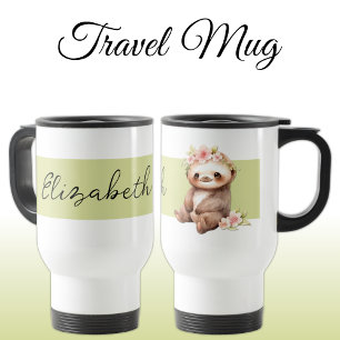 Personalised name cute sloth black green travel mug