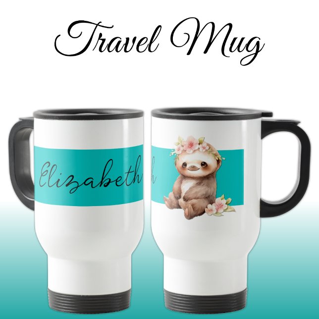 Personalised name cute sloth black turquoise travel mug (Creator Uploaded)