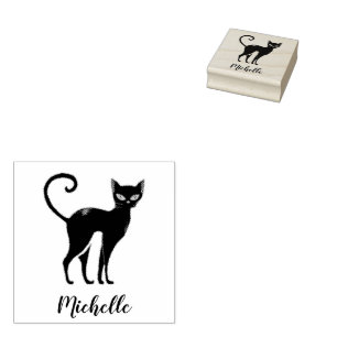 Personalised Name Cute Spooky Black Cat Halloween  Rubber Stamp