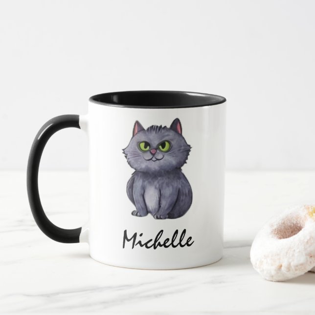 Personalised Name Cute Spooky Cat Halloween  Mug (With Donut)