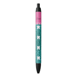 Personalised name cute tooth aqua glitter black ink pen