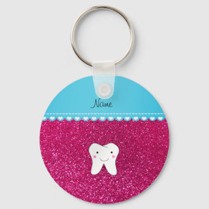 Personalised name cute tooth pink glitter key ring