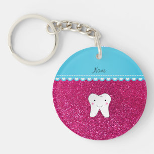 Personalised name cute tooth pink glitter key ring
