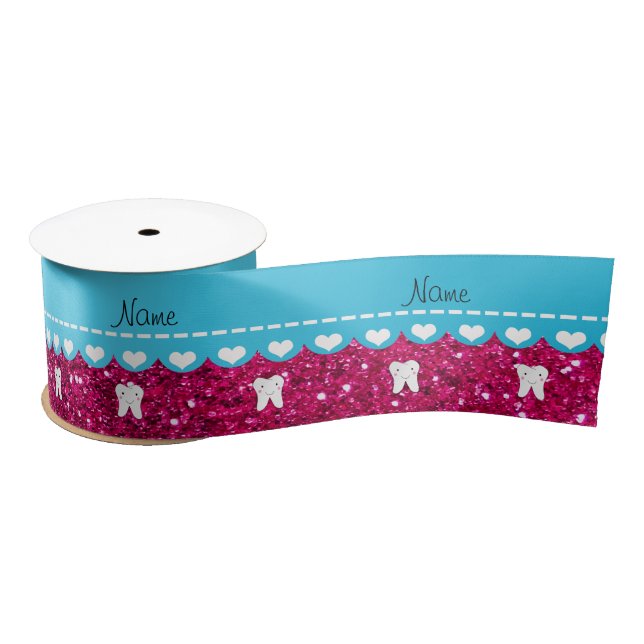 Personalised name cute tooth pink glitter satin ribbon (Spool)