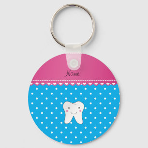 Personalised name cute tooth sky blue dots key ring