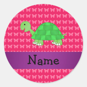 Personalised name cute turtle pink butterflies classic round sticker