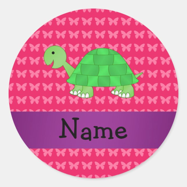 Personalised name cute turtle pink butterflies classic round sticker (Front)