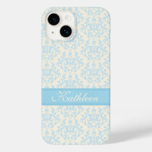 Personalised name damask light blue & cream  Case-Mate iPhone 14 case