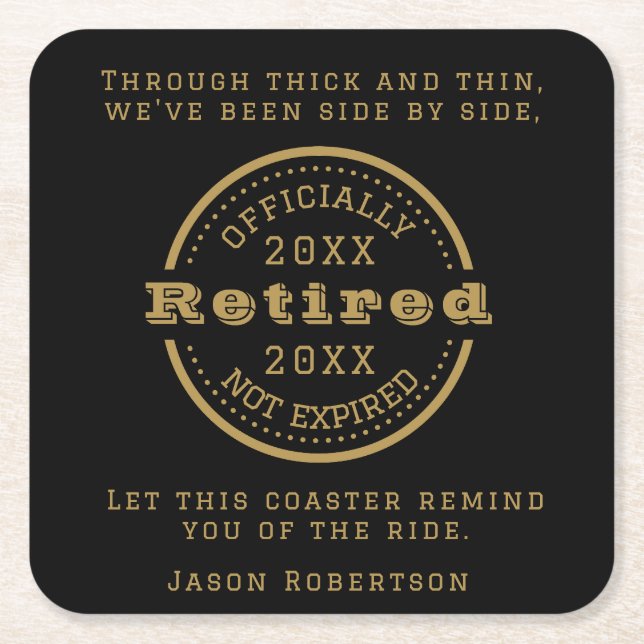 Personalised Name Date Retirement Favour for Guest Square Paper Coaster (Front)