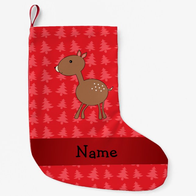 Personalised name deer red christmas trees small christmas stocking (Front)
