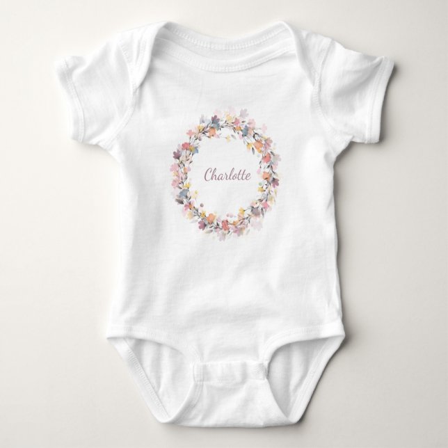 Personalised Name Delicate Pastel Floral Wreath  Baby Bodysuit (Front)