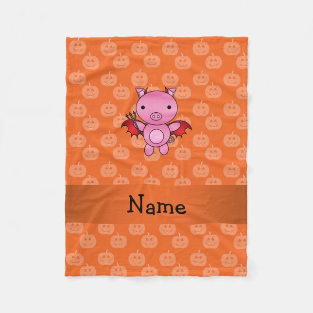 Personalised name devil pig orange pumpkins fleece blanket (Front)