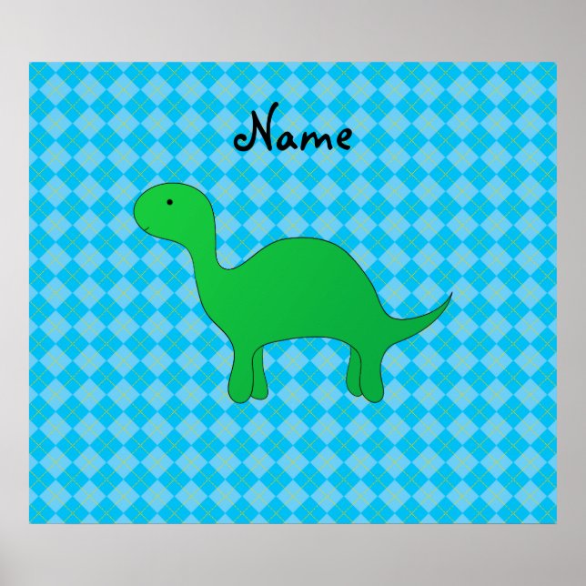 Personalised name dinosaur blue argyle poster (Front)