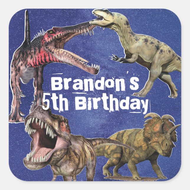 Personalised Name Dinosaur Boys Birthday Party Square Sticker (Front)