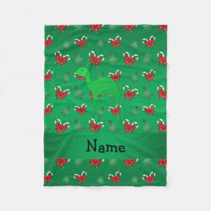 Personalised name dinosaur green candy canes bows fleece blanket