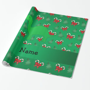 Personalised name dinosaur green candy canes bows wrapping paper