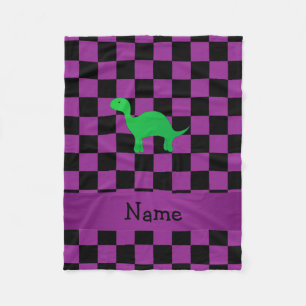 Personalised name dinosaur purple checkers fleece blanket