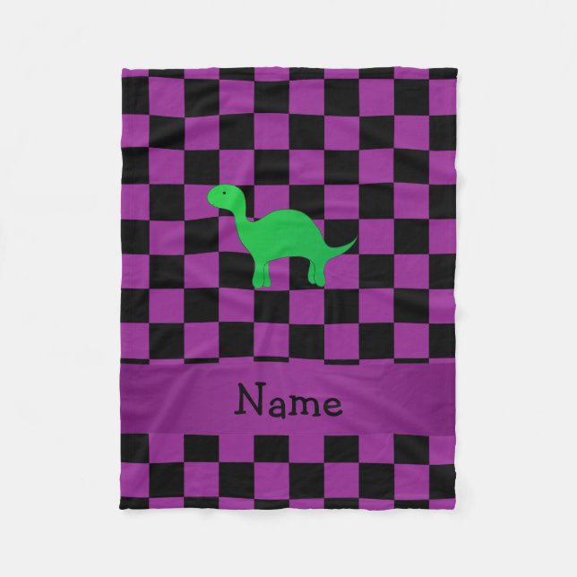 Personalised name dinosaur purple checkers fleece blanket (Front)