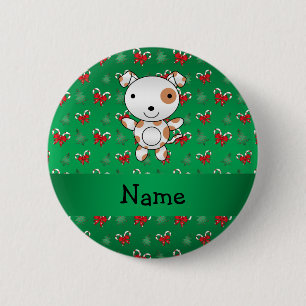 Personalised name dog green candy canes bows 6 cm round badge