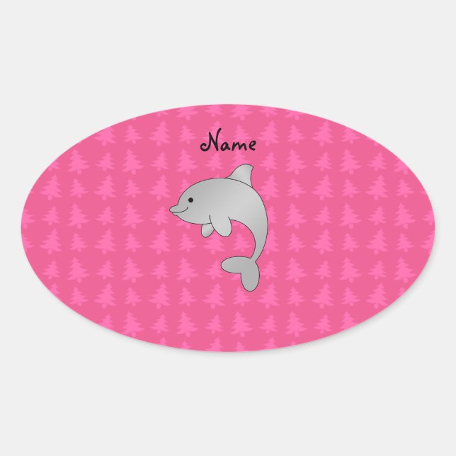 Personalised name dolphin pink christmas trees oval sticker (Front)