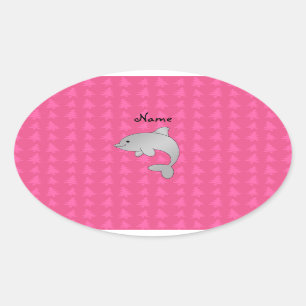 Personalised name dolphin pink christmas trees oval sticker