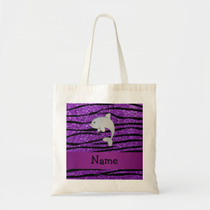 Personalised name dolphin purple zebra stripes tote bag