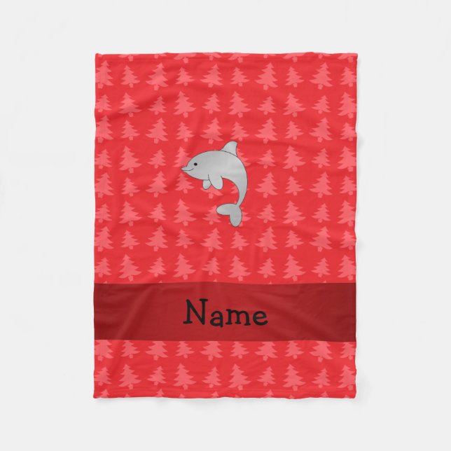 Personalised name dolphin red christmas trees fleece blanket (Front)