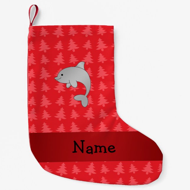 Personalised name dolphin red christmas trees small christmas stocking (Front)