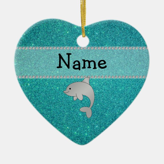 Personalised name dolphin turquoise glitter ceramic tree decoration (Front)