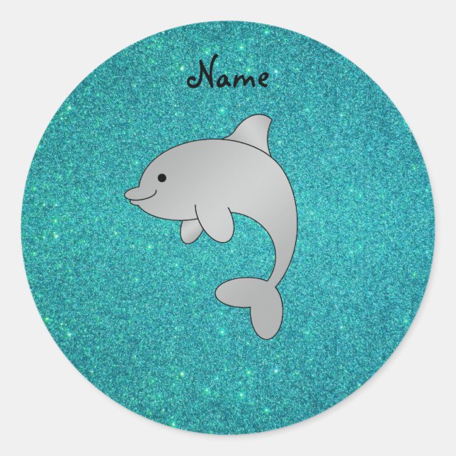 Personalised name dolphin turquoise glitter classic round sticker (Front)