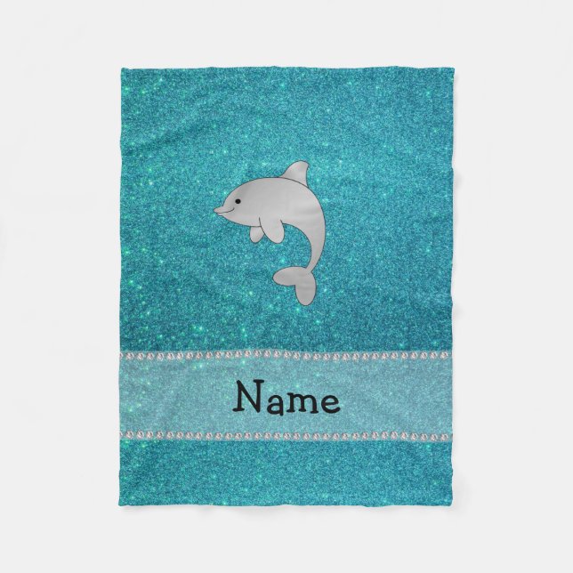 Personalised name dolphin turquoise glitter fleece blanket (Front)