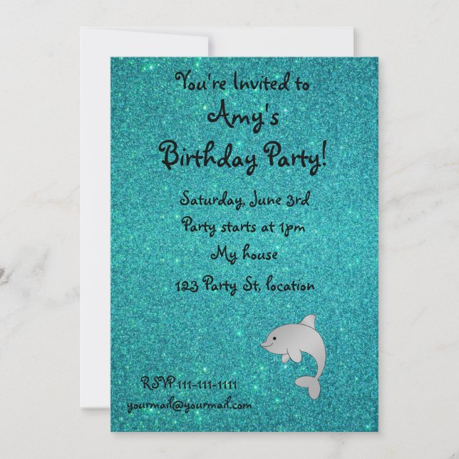 Personalised name dolphin turquoise glitter invitation (Front)