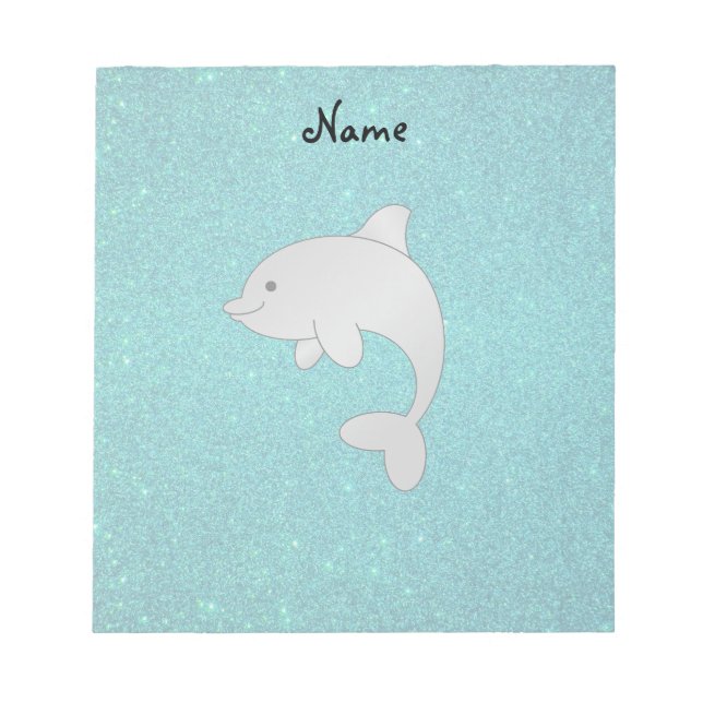 Personalised name dolphin turquoise glitter notepad (Front)