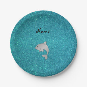 Personalised name dolphin turquoise glitter paper plate